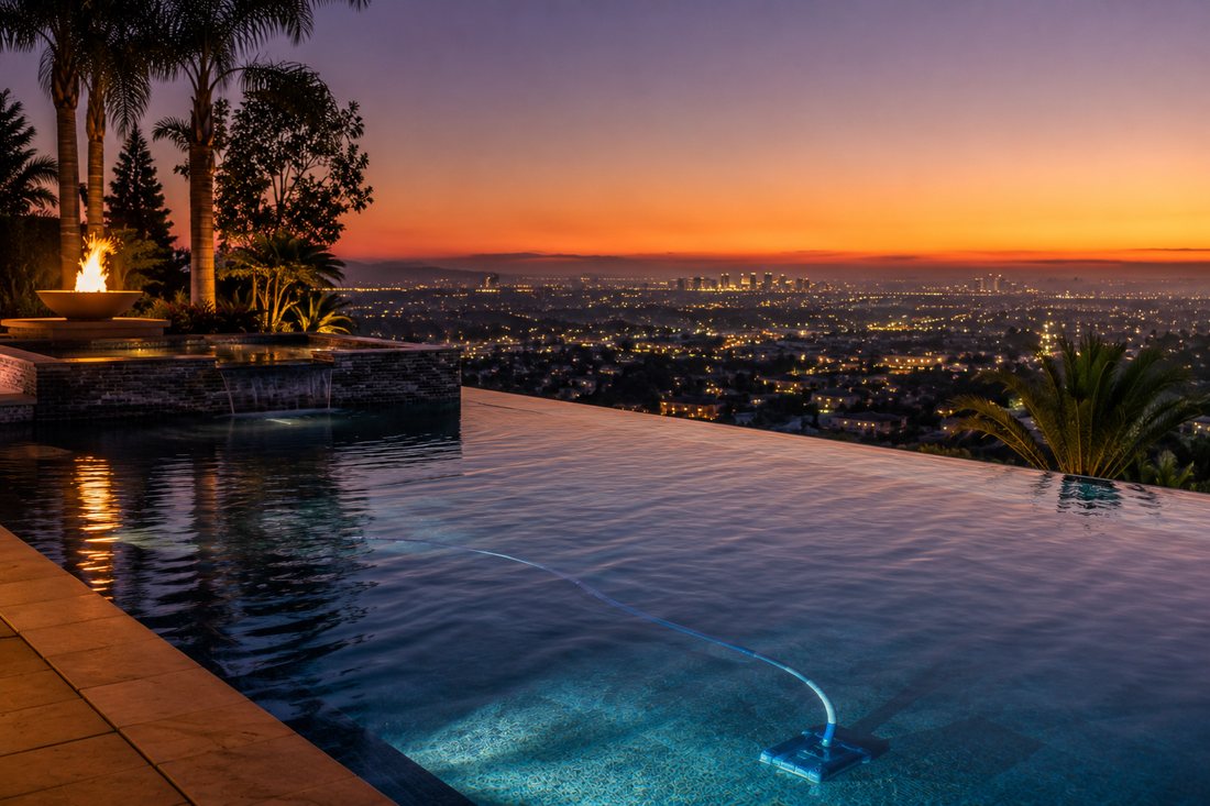 Evening pool with city view