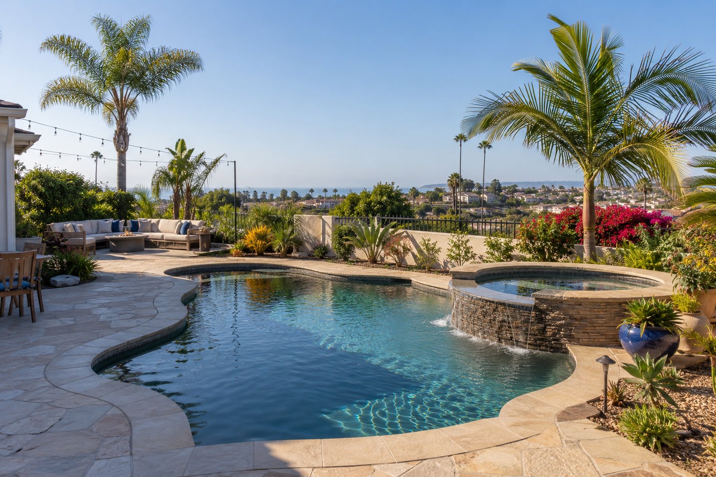 Clean residential pool and spa with palm trees